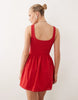 scoop ribbed bodice with poplin skirt mini dress in red