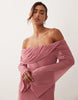 mesh off the shoulder draped neck long sleeve maxi dress in pink