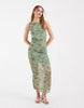 PIECES ruched midi dress in sage green floral print