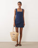 denim square neck mini dress in mid blue