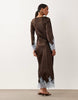 TFNC satin cowl neck contrast lace trim bell sleeve maxi dress in chocolate