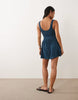 Petite crinkle button through mini dress in denim blue