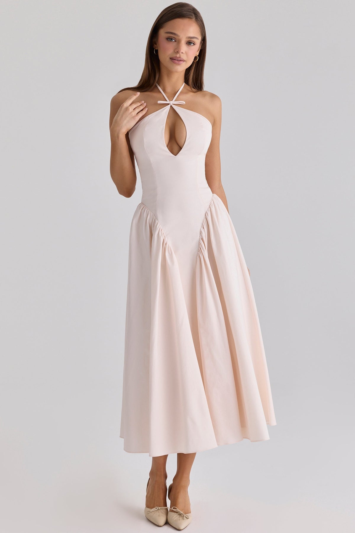 blush peek-a-boo keyhole cotton midi dress