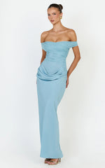 Thalassa Maxi Dress - Lace Off Shoulder Contrast Draped Cowl Waist Dress in Light Blue
