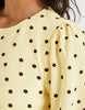 PIECES textured tiered mini dress in yellow and brown polka dot print