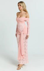 Sandra Midi Dress - Off The Shoulder Sash Bodycon Dress in Pink