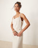 linen mix twist shoulder detail midi dress with ruching in oat