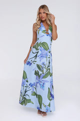 Fleur Flicker Halter Maxi Dress Blue
