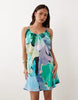 Petite bias cut scoop neck low back satin mini dress in blue & red abstract floral