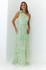 Bloom And Flow One Shoulder Tiered Maxi Dress Green