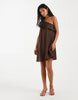 PIECES one shoulder frill trim mini dress in coffee brown