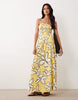 tie back crinkle cami midi dress with asymmetric waist in yellow sketch floral print