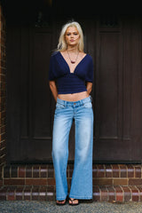 Motel Vernia Plunge Batwing Top Cupro Navy