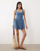 Abercrombie & Fitch scoop neck dipped waist denim mini dress in mid blue