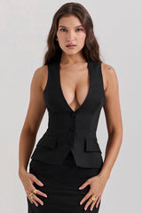 black sleeveless tuxedo top