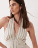 halter neck linen look slip maxi sundress with striped bust in neutral