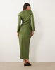TFNC satin flared long sleeve maxi dress in olive