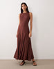 racer maxi dress with godets in warm chocolate