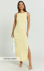 Perrie Midi Dress - High Neck Sleeveless Scoop Back Fitted Leg Split Skirt Dress in Lemon