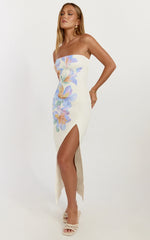 Astra Midi Dress - Strapless Split Leg Column Dress in Astra Posey Floral Print