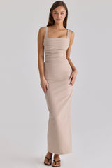 taupe stretch crepe ruched maxi dress