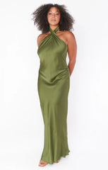 Jasmine Halter Maxi Dress ~ Rich Olive Luxe Satin