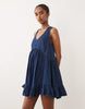 denim v neck tiered smock dress in mid blue