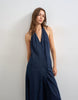 Topshop premium linen rich halter neck wrap maxi dress in dark navy