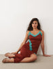 crinkle contrast lace trim midaxi dress in brown and blue