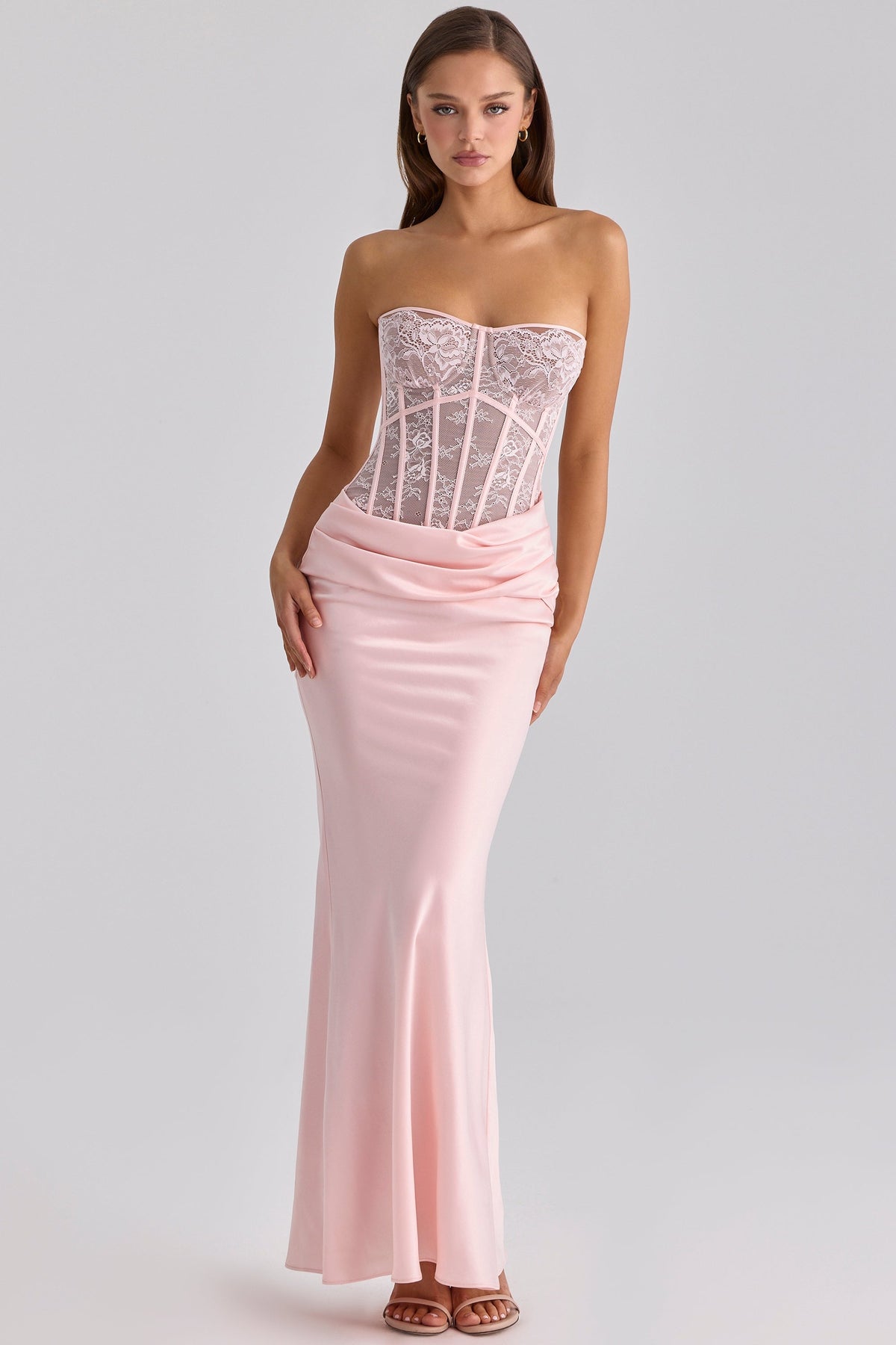 pink lace + satin maxi corset dress