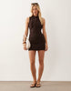 linen blend mandarin collar mini dress in chocolate