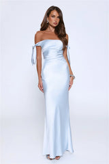 Flirty Intentions Off Shoulder Satin Maxi Dress Blue