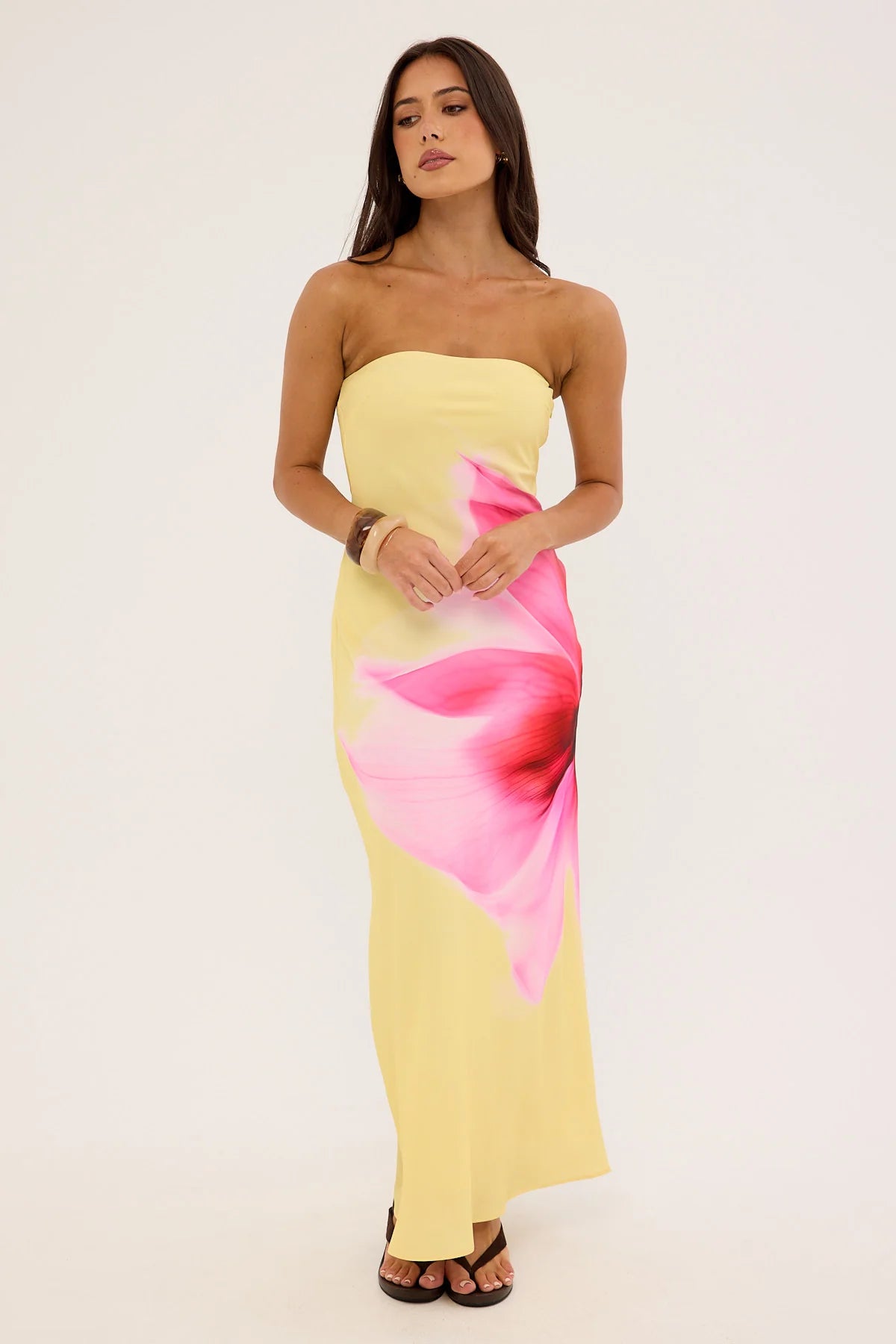 Perfect Stranger Enara Bloom Strapless Maxi Dress Lemon