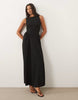 boat neck waist detail midi dress in black