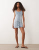 Miss Selfridge button up denim mini dress in mid blue wash