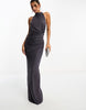 mesh twist bust detail halter maxi dress with tie back neck in charcoal gray