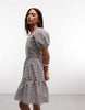 Noisy May Petite tiered seersucker mini dress with open tie back in chocolate gingham
