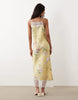 satin high neck cami midi dress with lace trims in yellow floral print