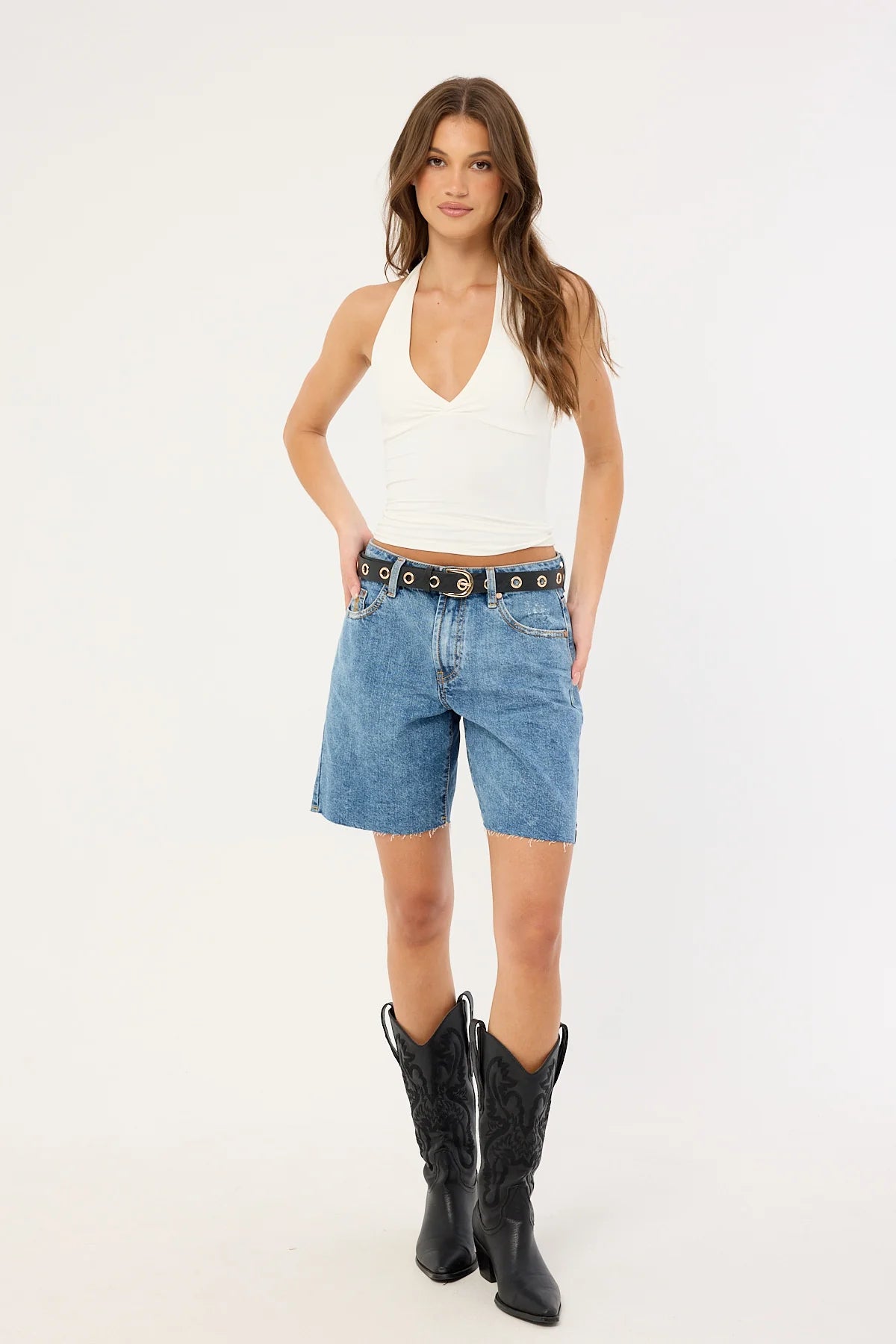One Teaspoon Jacksons Mid Waist Wide Leg Denim Shorts Hoodlum Blue