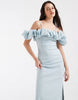 Object extreme off the shoulder satin ruffle trim maxi dress in soft blue