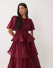 YAS premium volume tiered maxi dress in burgundy