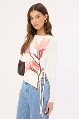 Luck & Trouble August Asymmetrical Long Sleeve Top White Print