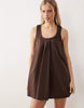 poplin ruched scoop neck and back mini sundress in chocolate