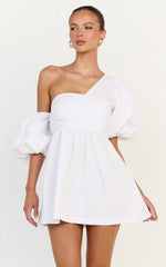 Sula Mini Dress - Asymmetric Off One Shoulder Puff Sleeve Dress in White