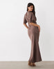 satin high neck blouson maxi dress with flutter sleeve in light brown
