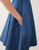 denim scoop neck trapeze dress with pockets in mid blue
