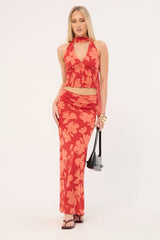 Perfect Stranger Zinna Halter Top Red Print
