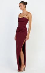 Zinnia Maxi Dress - Gathered Bust Side Split Dress in Wine