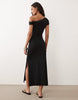 snaps off shoulder midi dress in black