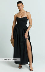 Morris Midi Dress - Linen Scoop Neck Gathered Dress in Black